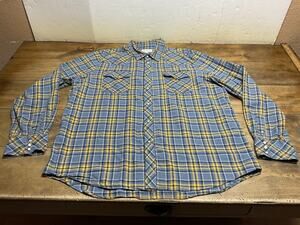 Tecovas Western Pearl Snap Shirt Men's XL Blue Yellow Plaid Cowboy Ranch Cotton